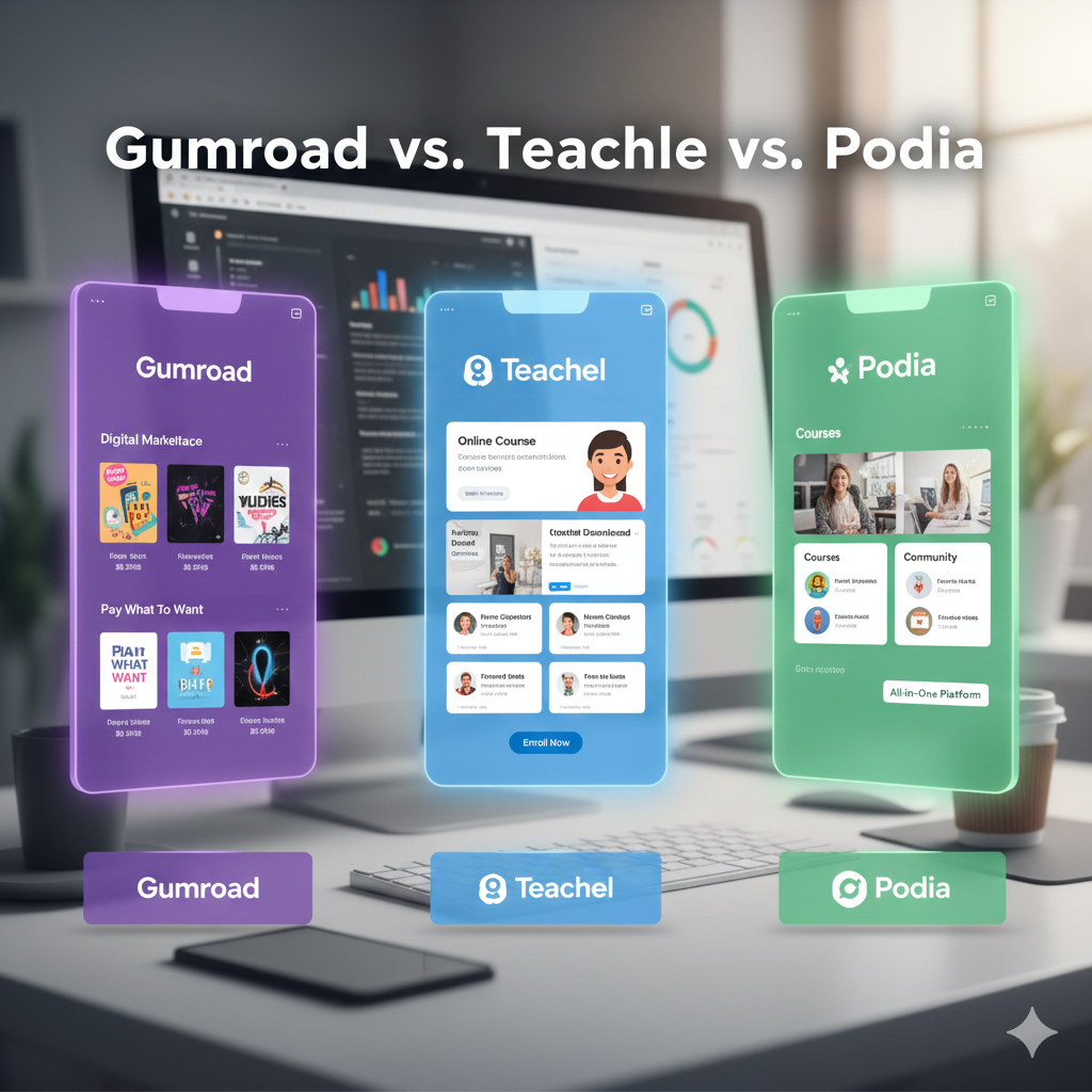 Gumroad vs Teachable vs Podia comparison for digital product selling
