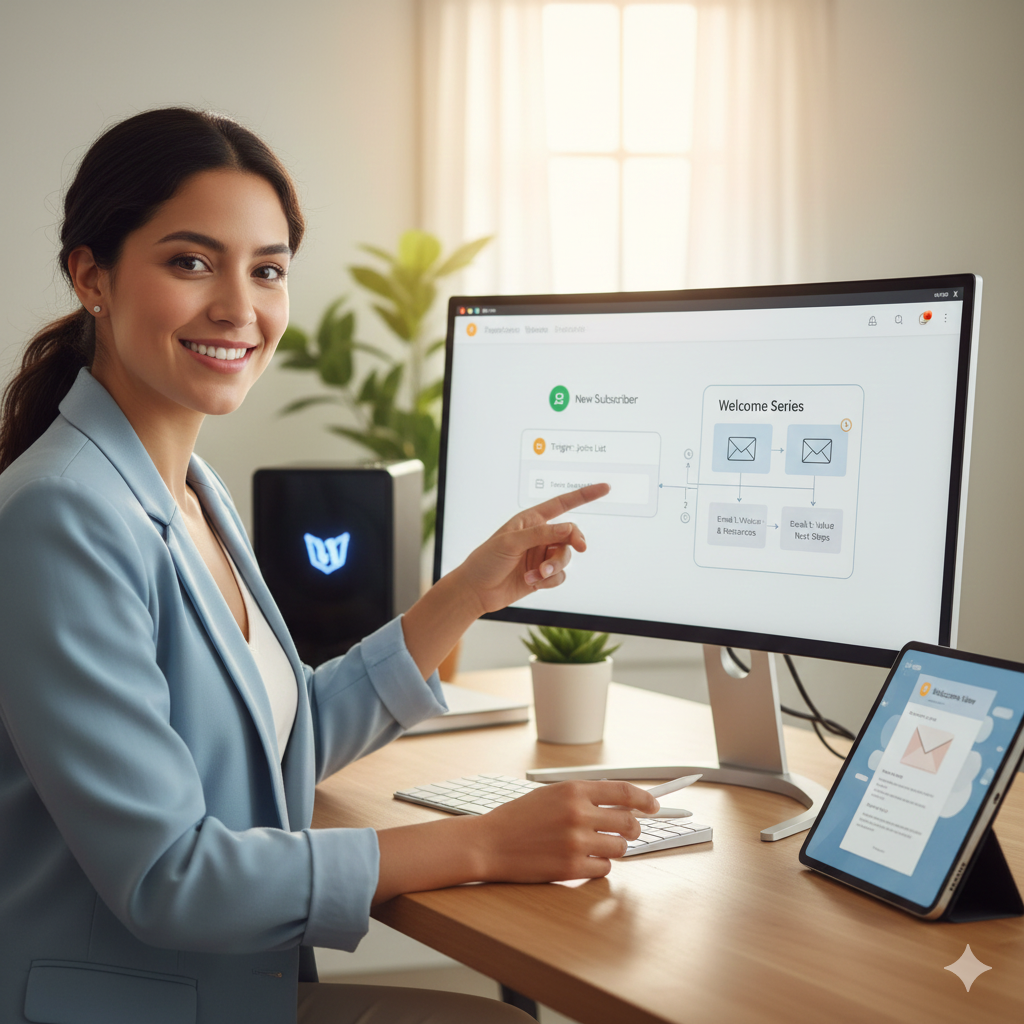 Email automation workflow dashboard showing the setup of an automated welcome email sequence.