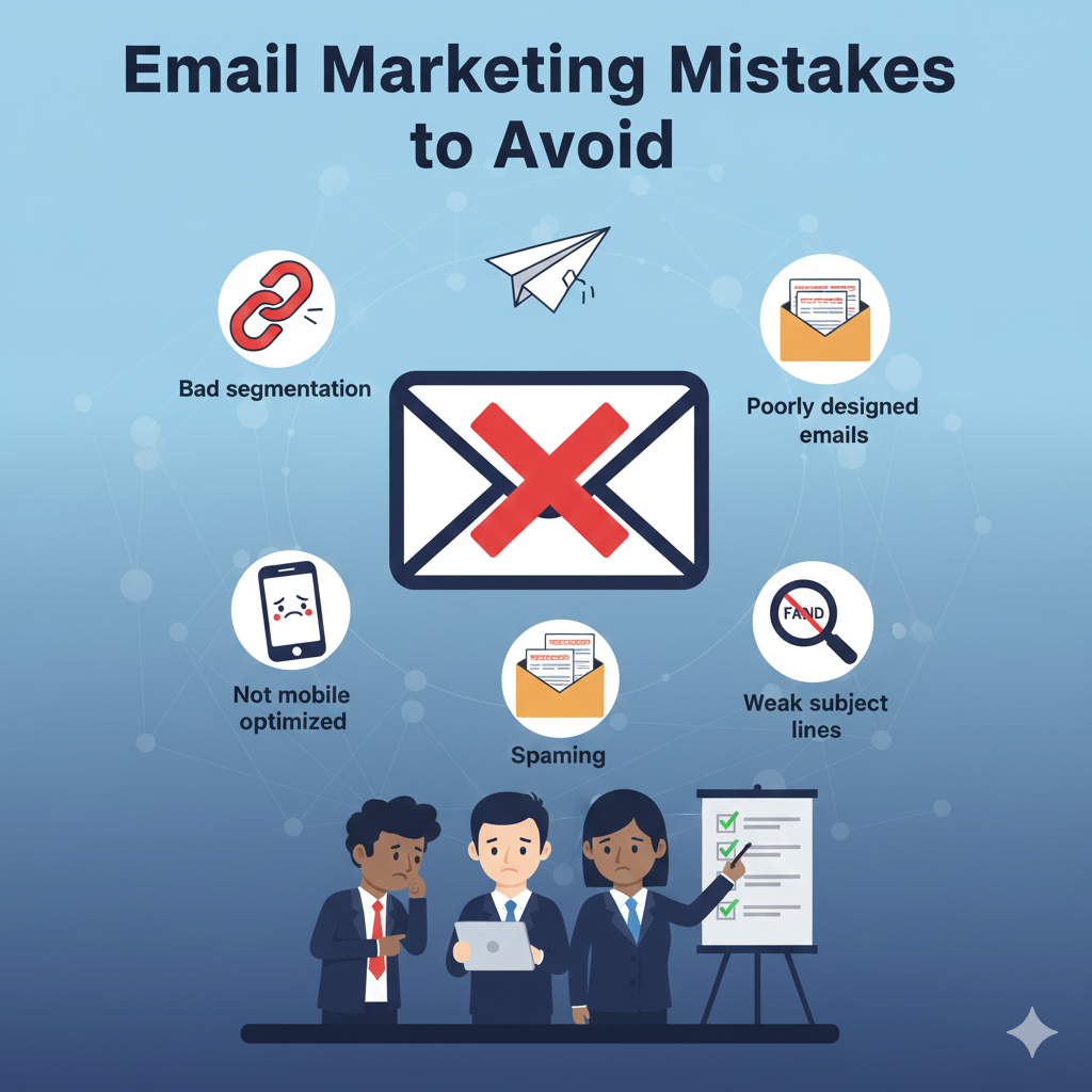 Email marketing dashboard with warning signs showing common mistakes to avoid.
