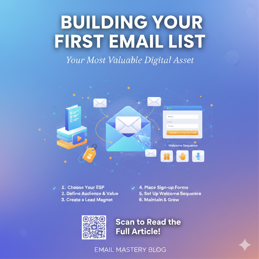 "BUILDING YOUR FIRST EMAIL LIST" with the tagline "Your Most Valuable Digital Asset." 1. Choose Your ESP, 2. Define Audience & Value, 3. Create a Lead Magnet, 4. Place Sign-up Forms, 5. Set Up Welcome Sequence, 6. Maintain & Grow .