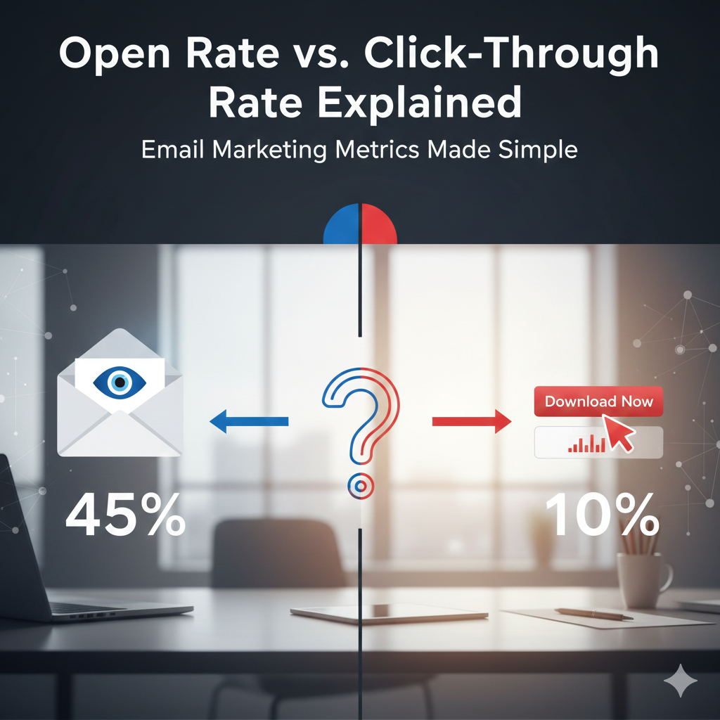Open rate vs click-through rate comparison with email marketing analytics dashboard.